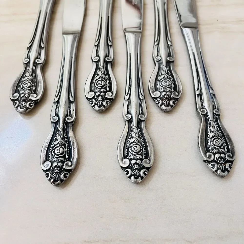 6pc Mona Lisa Lifetime Guaranteed Stainless Dinner Knife 8 3/8” Roses Japan